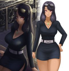 Rule 34 | 1girl, belt, black dress, black hair, breasts, casual, cleavage, contemporary, cowboy shot, cslucaris, dress, eyewear on head, hand on own hip, jewelry, large breasts, long hair, long sleeves, looking at viewer, mole, mole under mouth, multiple views, necklace, night, nintendo, outdoors, patreon username, purple eyes, sharla (xenoblade), side slit, signature, simple background, smile, thick thighs, thighs, v-neck, white background, xenoblade chronicles (series), xenoblade chronicles 1, xenoblade chronicles (series)