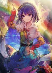 Rule 34 | 1girl, absurdres, blue hair, cape, dress, hairband, highres, long sleeves, multicolored cape, multicolored clothes, multicolored dress, multicolored hairband, pointing, pointing down, pointing up, purple eyes, rainbow gradient, red button, shometsu-kei no teruru, short hair, sky print, smile, solo, tenkyuu chimata, touhou, two-sided cape, two-sided fabric, white cape, zipper