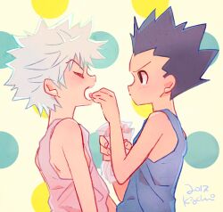 Rule 34 | 2boys, bag, bare shoulders, black hair, blue tank top, blush, candy, child, closed eyes, commentary request, cowboy shot, dated, feeding, food, gon freecss, holding, holding bag, hunter x hunter, implied yaoi, kiguchi (aprico), killua zoldyck, looking at another, male focus, messy hair, multiple boys, open mouth, pink tank top, signature, spiked hair, tank top, teeth, upper teeth only, white hair, yellow background