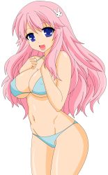 Rule 34 | 1girl, absurdres, baka to test to shoukanjuu, bikini, blue eyes, breast hold, breasts, cleavage, covered erect nipples, female focus, hair ornament, highres, himeji mizuki, large breasts, long hair, looking at viewer, navel, open mouth, pink hair, smile, solo, swimsuit, transparent background, vector trace