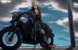 Rule 34 | 1boy, abs, ae030, baggy pants, bakugou katsuki, black bodysuit, black coat, black footwear, black pants, blonde hair, blue sky, blurry, blurry background, bodysuit, boku no hero academia, closed mouth, cloud, coat, collarbone, commentary, covered abs, full body, hands in pockets, heel up, high collar, highres, horizon, knee pads, leaning against motorcycle, looking to the side, muscular, muscular male, orange footwear, outdoors, pants, pectoral cleavage, pectorals, red eyes, road, sanpaku, shadow, skin tight, sky, solo, spiked hair, street, toes up, trench coat, twitter username, two-tone footwear, utility pole, v-neck
