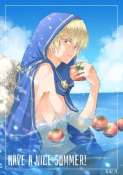 Rule 34 | 1boy, abs, blonde hair, fire emblem, fire emblem fates, fire emblem heroes, holding, kaneaki mukku, kizuki miki, leo (fire emblem), leo (summer) (fire emblem), looking at viewer, male focus, nintendo, ocean, red eyes, solo, tomato, towel, water