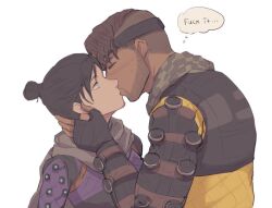 Rule 34 | 1boy, 1girl, animification, apex legends, black bodysuit, black gloves, black hair, blue eyes, blush, bodysuit, brown hair, checkered clothes, checkered scarf, closed eyes, commentary, dark-skinned male, dark skin, english commentary, english text, facial hair, fingerless gloves, from side, gloves, goatee, goggles, goggles on head, grey scarf, hair bun, hand on another&#039;s neck, hetero, kiss, mirage (apex legends), orange bodysuit, pipa (1pgjsf1), profanity, scarf, single hair bun, surprised, thought bubble, v-shaped eyebrows, white background, wraith (apex legends)