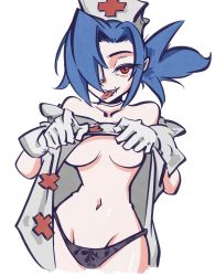 Rule 34 | 1girl, blue hair, breasts, choker, cowboy shot, floral print, hat, highres, navel, nurse cap, open mouth, panties, ponytail, red eyes, scar, scar on face, skullgirls, smile, solo, tongue, tongue out, underboob, underwear, undressing, valentine (skullgirls), white background