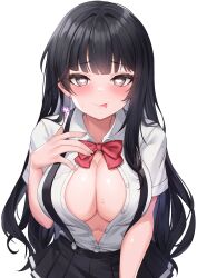 Rule 34 | 1girl, :p, absurdres, black hair, black skirt, blunt bangs, blush, breasts, cleavage, closed mouth, collared shirt, commission, cross, cross earrings, deogho (liujinzy9854), earrings, grey eyes, heart, heart-shaped pupils, highres, jewelry, large breasts, long hair, looking at viewer, navel, open clothes, open shirt, original, overalls, pleated skirt, shirt, short sleeves, simple background, skirt, solo, standing, symbol-shaped pupils, tongue, tongue out, wavy hair, white background, white shirt