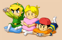 Rule 34 | 3boys, bad deviantart id, bad id, black eyes, black hair, blonde hair, child, controller, game console, game controller, gamecube, hat, link, lucas (mother 3), male focus, mother (game), mother 2, mother 3, multiple boys, ness (mother 2), nintendo, pillow, playing games, pointy ears, quiff, super smash bros., swammi, the legend of zelda, tongue, toon link