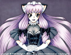 Rule 34 | 00s, 1girl, 2003, animal ears, bewildered, black background, black dress, bow, breasts, cat ears, cat girl, dress, gloves, gothic lolita, hair bow, lolita fashion, long hair, looking at viewer, lowres, maid headdress, medium breasts, own hands together, puffy sleeves, purple eyes, purple hair, purple lips, short sleeves, solo, upper body, white gloves