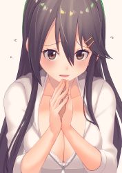 Rule 34 | 10s, 1girl, :d, alternate costume, black hair, breasts, brown eyes, cleavage, commentary, flying sweatdrops, hair between eyes, haruna (kancolle), highres, jacket, kantai collection, large breasts, long hair, masukuza j, open mouth, smile, solo, white jacket, zipper