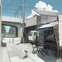 Rule 34 | awning, balcony, banner, basket, bridge, building, car, chair, cloud, commentary request, day, dog, fence, folding chair, folding table, food stand, highres, house, kento matsuura, looking at viewer, looking back, motor vehicle, no humans, nobori, open sign, original, outdoors, plant, potted plant, power lines, railing, road, scenery, table, town, utility pole