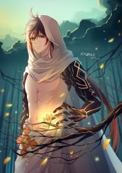 Rule 34 | 1boy, abs, alternate costume, arm tattoo, branch, brown hair, bug, butterfly, chinese commentary, cloak, closed mouth, day, earrings, eyeliner, eyeshadow, forest, genshin impact, gradient hair, hair between eyes, hood, hood up, hooded cloak, insect, jewelry, leaf, light smile, long hair, looking at viewer, makeup, male focus, maple ginger tea, multicolored hair, nature, navel, orange hair, outdoors, pectorals, petals, ponytail, red eyeshadow, single earring, solo, tassel, tassel earrings, tattoo, toned, toned male, white cloak, yellow eyes, zhongli (archon) (genshin impact), zhongli (genshin impact)