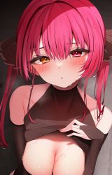 Rule 34 | 1girl, :o, bare shoulders, blush, breasts, cleavage, clothes lift, dripping, elbow gloves, fingerless gloves, gloves, hair ribbon, halterneck, highres, hololive, houshou marine, large breasts, looking at viewer, multicolored eyes, namagome negi, red eyes, red hair, ribbon, shirt lift, solo, sweat, sweatdrop, twintails, upper body, virtual youtuber, wet, yellow eyes