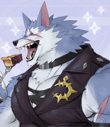 Rule 34 | 1boy, animal ears, bara, biceps, birthday, black shirt, black vest, closed eyes, collar, commentary, dislyte, english commentary, fangs, food, fork, freddy (fenrir) (dislyte), furry, furry male, highres, holding, holding fork, male focus, multiple scars, muscular, muscular male, open mouth, pectoral cleavage, pectorals, pie, pie slice, rossciaco, scar, scar across eye, scar on arm, scar on face, shirt, sparkle, torn clothes, vest, wolf boy, wolf ears