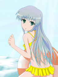 Rule 34 | 1girl, :o, aqua eyes, back, bad id, bad pixiv id, beach, bikini, butt crack, day, female focus, flat chest, frilled bikini, frills, from behind, green eyes, highres, index (toaru majutsu no index), kemickoko, long hair, looking back, open mouth, outdoors, see-through, silver hair, sky, solo, surprised, swimsuit, toaru majutsu no index, yellow bikini