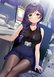 Rule 34 | 1girl, black pantyhose, black shirt, blush, braid, braided ponytail, breasts, collarbone, dutch angle, feet out of frame, green eyes, grin, highres, id card, indoors, kazepana, lanyard, large breasts, looking at viewer, love live!, love live! school idol project, monitor, office, office lady, on chair, panties, panties under pantyhose, pantyhose, purple eyes, red panties, ribbed shirt, shirt, shirt tucked in, side ponytail, sitting, skirt, sleeveless, sleeveless shirt, smile, solo, tojo nozomi, underwear, v-neck