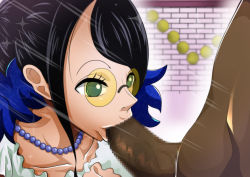 Rule 34 | 1boy, 1girl, black hair, breasts, cleavage, fellatio, huge breasts, large breasts, nico robin, one piece, one piece film: gold, oral, penis, qdoujin (pixiv44648813), smile, sunglasses, tinted eyewear, yellow-tinted eyewear, yellow-tinted glasses