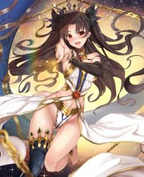 Rule 34 | 1girl, barefoot, black ribbon, brown hair, chain, crown, fate/grand order, fate (series), gluteal fold, groin, ishtar (fate), ishtar (fate), long hair, pointing, pointing at viewer, red eyes, ribbon, single thighhigh, smile, solo, thighhighs, thighs, twintails, untue, very long hair