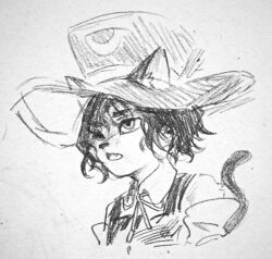 Rule 34 | 1other, androgynous, animal ear fluff, animal ears, bare shoulders, cat ears, cat tail, chinese commentary, collared shirt, commentary request, cropped torso, detached sleeves, ears through headwear, enraku tsubakura, eye of senri, fang, furry, graphite (medium), hat, len&#039;en, looking ahead, mxx33, neck ribbon, open mouth, other focus, photo (medium), ribbon, ribbon-trimmed vest, shirt, short hair, sketch, sleeveless, sleeveless shirt, solo, tail, top hat, traditional media