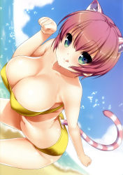 Rule 34 | 1girl, :q, absurdres, animal ears, beach, bikini, blue eyes, blush, breasts, cat ears, cat girl, cat tail, cleavage, cloud, day, female focus, highres, large breasts, nanase meruchi, navel, original, outdoors, paw pose, pink hair, short hair, sky, solo, swimsuit, tail, tongue, tongue out, yellow bikini