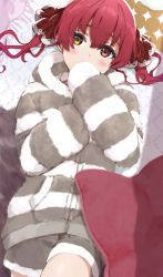 Rule 34 | 1girl, absurdres, bad id, bad pixiv id, blush, hair between eyes, hair ribbon, heterochromia, highres, hololive, houshou marine, icehotmilktea, long sleeves, looking at viewer, pillow, red eyes, red hair, red ribbon, ribbon, short hair, solo, striped clothes, striped sweater, sweater, twintails, virtual youtuber, yellow eyes