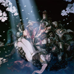 Rule 34 | 1girl, black background, black hair, boots, carrying, cherry blossoms, commentary, commentary request, crack, closed eyes, falling petals, full body, highres, hose, in water, knee boots, light rays, mecha, nc empire (circle), original, petals, piston, princess carry, ripples, robot, rust, science fiction, short hair, solo, tank top, thighs, tube