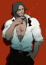 Rule 34 | 1boy, abs, absurdres, bare pectorals, beard, cassidy (overwatch), chest hair, cigar, cowboy shot, facial hair, hand in pocket, highres, horikwawataru, looking to the side, male focus, mature male, muscular, muscular male, nipple slip, nipples, open clothes, open shirt, overwatch, overwatch 1, pectorals, shirt, short hair, simple background, smile, smoke, smoking, solo, white shirt