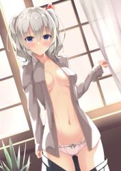 Rule 34 | 10s, 1girl, arm at side, bow, breasts, closed mouth, collarbone, collared shirt, curtains, day, green ribbon, grey shirt, hair bow, hatsu (first snow), holding, indoors, kantai collection, kashima (kancolle), long sleeves, looking at viewer, medium breasts, navel, no headwear, open clothes, open shirt, panties, pink panties, plant, potted plant, purple eyes, ribbon, ribbon-trimmed panties, shirt, short hair, short twintails, silver hair, smile, solo, standing, stomach, sunlight, twintails, underwear, undressing, wavy hair, window, wing collar