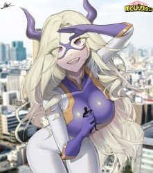 Rule 34 | 1girl, absurdres, blonde hair, bodysuit, boku no hero academia, breasts, eye mask, giant, giantess, highres, horns, large breasts, long hair, mount lady, purple eyes, salute, skin tight, solo focus