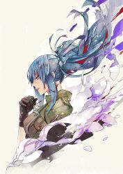 Rule 34 | 1girl, black gloves, blood, blue eyes, blue hair, dog tags, gloves, green jacket, highres, ian olympia, ikari warriors, jacket, leona heidern, military, ponytail, portrait, resolution mismatch, smoke, smoke trail, snk, soldier, solo, source smaller, the king of fighters