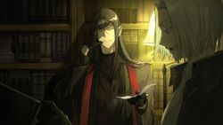 Rule 34 | 2boys, black hair, book, business suit, closed eyes, fate/grand order, fate (series), formal, highres, holding, holding book, itefu, lamp, long hair, long sleeves, lord el-melloi ii, lord el-melloi ii case files, male focus, melvin weins, multiple boys, open mouth, suit, sweat, waver velvet