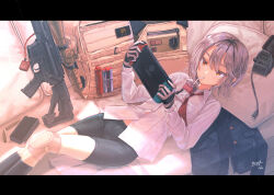 Rule 34 | 1girl, assault rifle, bullet, couch, dreadtie, drinking, drinking straw, gun, handheld game console, highres, holding, holding handheld game console, juice box, knee pads, lying, magazine (weapon), necktie, nintendo switch, on back, on couch, original, playing games, red necktie, rifle, scope, shorts, solo, weapon