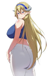 Rule 34 | 1girl, absurdres, arknights, ass, bare arms, bare shoulders, blonde hair, blue eyes, blue hairband, blue tank top, blush, breasts, commentary, cowboy shot, crop top, hairband, highres, large breasts, long hair, looking at viewer, looking back, midriff, pants, pointy ears, saileach (arknights), simple background, smile, solo, standing, tank top, very long hair, white background, white pants, xllam