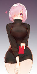 Rule 34 | 1girl, alternate costume, bare legs, black sweater, blush, breasts, breasts squeezed together, clothes tug, covered mouth, cowboy shot, curvy, dress, fate/grand order, fate (series), gradient background, hair over one eye, highres, hongbao, horz, incoming gift, jewelry, large breasts, light purple hair, long sleeves, looking at viewer, mash kyrielight, one eye covered, purple background, purple eyes, ribbed sweater, ring, short hair, sketch, solo, sweater, sweater dress, sweater tug, turtleneck, turtleneck sweater, wedding band, wide hips