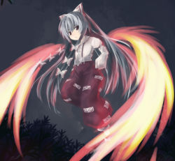 Rule 34 | 1girl, collared shirt, female focus, fire, fire, flying, fujiwara no mokou, long hair, long sleeves, looking at viewer, ofuda, outdoors, pants, plant, red eyes, shaded face, shirt, silver hair, solo, touhou, tree, very long hair, white shirt, wings