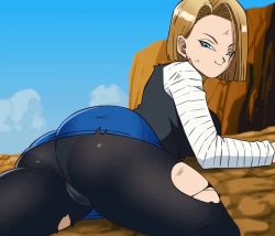 Rule 34 | 1girl, android 18, animated, ass, ass focus, ass shake, blonde hair, blue eyes, breasts, cameltoe, cleft of venus, dancing, divine wine (vampiranhya), dragon ball, dragonball z, grin, looking back, pantyhose, presenting, smile, solo, torn clothes, upskirt, view between legs