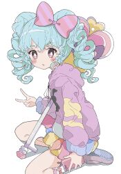 Rule 34 | 1girl, absurdres, blue hair, bow, bright pupils, full body, hair bow, heart, highres, holding, holding phone, hood, hood down, hoodie, idol land pripara, katasumi amari, key, long hair, long sleeves, looking at viewer, multicolored clothes, multicolored skirt, open mouth, phone, pink bow, pink eyes, pink footwear, pretty series, pripara, purple hoodie, ranirani (syohousen8), shoe soles, shoes, simple background, sitting, skirt, solo, twintails, v, white background, white pupils