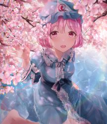 Rule 34 | 1girl, artist request, barefoot, blue bow, blue kimono, bow, breasts, cherry blossoms, feet out of frame, frilled kimono, frills, hat, highres, japanese clothes, kimono, long sleeves, looking at viewer, medium breasts, mob cap, neck ribbon, obi, open mouth, pink eyes, pink hair, ribbon, saigyouji yuyuko, sash, short hair, sitting, solo, touhou, triangular headpiece, water, wavy hair, wide sleeves