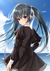 Rule 34 | 1girl, absurdres, bird, black dress, black hair, blue sky, blush, closed mouth, commentary request, cowboy shot, day, dress, eyelashes, eyes visible through hair, floating hair, frilled dress, frilled ribbon, frills, from behind, hair between eyes, hair ribbon, highres, honma misuzu, long hair, long sleeves, looking at viewer, looking back, ncontrail (mgax7527), outdoors, red eyes, ribbon, sakura no toki, school uniform, seagull, short dress, sky, smile, solo, standing, straight hair, twintails, white ribbon