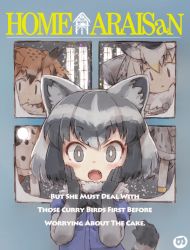 Rule 34 | 3girls, :&lt;, animal ears, black gloves, black hair, brown hair, commentary request, common raccoon (kemono friends), elbow gloves, english text, eurasian eagle owl (kemono friends), fangs, flashlight, gloves, grey hair, hands on own face, highres, holding, holding flashlight, home alone, kemono friends, kolshica, looking at viewer, multiple girls, northern white-faced owl (kemono friends), open mouth, pantyhose, parody, raccoon ears, raccoon tail, short hair, tail, teeth, upper teeth only