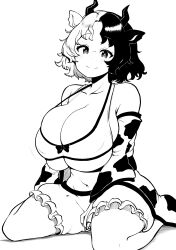 Rule 34 | 1girl, absurdres, animal ears, bare legs, bare shoulders, breasts, cleavage, closed mouth, commentary request, covered erect nipples, cow ears, cow horns, detached sleeves, full body, greyscale, highres, himajin noizu, horns, huge breasts, looking at viewer, monochrome, multicolored hair, sitting, smile, solo, touhou, two-tone hair, underboob, ushizaki urumi, wariza