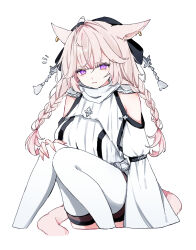 Rule 34 | 1girl, absurdres, animal ears, blonde hair, braid, cat ears, cat tail, clothing cutout, earrings, final fantasy, final fantasy xiv, highres, jewelry, long hair, looking at viewer, miqo&#039;te, purple eyes, sana (sanamaru 0w0), shoulder cutout, slit pupils, solo, tail, thighhighs, twin braids, white background, white thighhighs