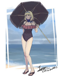 Rule 34 | 1girl, alternate costume, artist name, bare legs, bare shoulders, beach, black one-piece swimsuit, blonde hair, blue choker, blue eyes, blue hairband, blue sky, breasts, choker, cleavage, cloud, cm lynarc, commentary, constance von nuvelle, day, drill hair, drill sidelocks, earrings, fire emblem, fire emblem: three houses, fire emblem warriors: three hopes, full body, hairband, holding, holding umbrella, jewelry, looking at viewer, medium breasts, medium hair, nintendo, ocean, off-shoulder one-piece swimsuit, off shoulder, official alternate hairstyle, one-piece swimsuit, purple lips, sandals, sidelocks, signature, sky, smile, solo, standing, swimsuit, thighs, umbrella, water