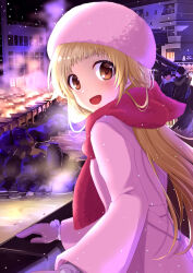 Rule 34 | 1girl, :d, blonde hair, brown eyes, coat, enpera, fur-trimmed gloves, fur trim, gloves, gomasho asuka, highres, long hair, long sleeves, looking at viewer, looking back, night, open mouth, original, outdoors, people, pink coat, pom pom (clothes), red scarf, scarf, smile, snowing, solo focus, standing, upper body, water, white headwear