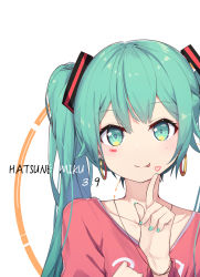 Rule 34 | 1girl, 39, :p, barcode tattoo, bracelet, character name, earrings, green eyes, green hair, hatsune miku, highres, jewelry, long hair, looking at viewer, nail polish, necklace, one eye closed, solo, tattoo, tongue, tongue out, twintails, upper body, vocaloid, white background, zhayin-san