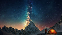 Rule 34 | 1boy, black hair, facing away, jacket, male focus, mountain, natsu (hottopeppa3390), original, red jacket, scenery, shooting star, sky, snow, solo, standing, star (sky), star (symbol), starry sky, tent