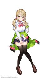 Rule 34 | 1girl, blonde hair, bow, bowtie, breasts, brown footwear, clothes around waist, collared shirt, d:, denonbu, full body, green jacket, hair bobbles, hair ornament, hairclip, hand up, head tilt, jacket, jacket around waist, kayano futaba, knees together feet apart, large breasts, loafers, long sleeves, looking at viewer, low twintails, mika pikazo, miniskirt, official art, open mouth, orange eyes, purple sky, purple thighhighs, red bow, red bowtie, scrunchie, shirt, shoes, simple background, skindentation, skirt, sky, solo, thighhighs, twintails, watermark, white background, white shirt, wing collar, wrist scrunchie