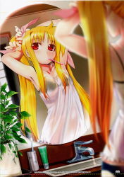 Rule 34 | 00s, 1girl, adjusting hair, ahoge, armpits, arms up, bathroom, black bra, black panties, blonde hair, blurry, bow, bra, breasts, brushing teeth, camisole, depth of field, dutch angle, fate testarossa, hair bow, highres, lingerie, long hair, lyrical nanoha, mahou shoujo lyrical nanoha, mikazuki akira!, mirror, mouth hold, panties, plant, potted plant, red eyes, reflection, see-through, sink, small breasts, solo, standing, toothbrush, toothpaste, twintails, underwear, very long hair, water