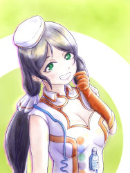 Rule 34 | 1girl, artist name, artist request, bare shoulders, blush, breasts, circle print, cleavage, cleavage cutout, clothing cutout, collared shirt, corded phone, dress, elbow gloves, female focus, gloves, green eyes, hair ornament, hair scrunchie, hat, highres, kawaya-san, large breasts, latex, latex gloves, long hair, looking at viewer, love live!, love live! school idol festival, love live! school idol project, nurse, nurse cap, orange gloves, parted lips, phone, purple hair, scrunchie, shirt, smile, solo, stethoscope, tojo nozomi, twintails, white hat, white scrunchie