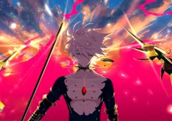 Rule 34 | 1boy, bishounen, black bodysuit, blue eyes, bodysuit, choker, closed mouth, cloud, earrings, fate/grand order, fate (series), fuka (hk nemo), hair over one eye, highres, holding, holding polearm, holding weapon, jewelry, karna (fate), light particles, light smile, looking at viewer, male focus, outdoors, pale skin, polearm, short hair, single earring, sky, solo, twilight, upper body, weapon, white hair