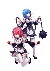 Rule 34 | &gt;:(, 10s, 2girls, apron, arm garter, ball and chain (weapon), black bow, black footwear, black ribbon, blue eyes, blue hair, blue ribbon, bow, breasts, cleavage, closed mouth, detached sleeves, dress, dual wielding, eyes visible through hair, fkey, food, frilled legwear, frills, frown, full body, hair ornament, hair over one eye, hair ribbon, hairband, highres, holding, holding food, holding weapon, legs apart, looking at viewer, maid, mary janes, medium breasts, multiple girls, neck ribbon, on one knee, outstretched arms, pink hair, purple ribbon, ram (re:zero), re:zero kara hajimeru isekai seikatsu, red eyes, rem (re:zero), ribbon, ribbon-trimmed clothes, ribbon-trimmed sleeves, ribbon trim, shoes, short hair, siblings, simple background, sisters, small breasts, spikes, standing, sweet potato, swept bangs, thighhighs, twins, underbust, v-shaped eyebrows, waist apron, weapon, white apron, white background, white bow, white legwear, wide sleeves, x hair ornament