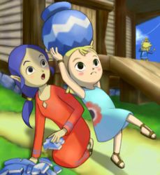 Rule 34 | 1boy, 2girls, :o, aryll, balancing on head, blonde hair, blue hair, blush, blush stickers, broken, cloud, dress, kneeling, link, long hair, low twintails, lowres, multiple girls, nintendo, outdoors, pointy ears, pot, purple hair, red dress, sandals, short hair, short twintails, sky, sue-belle, the legend of zelda, the legend of zelda: the wind waker, toon link, twintails